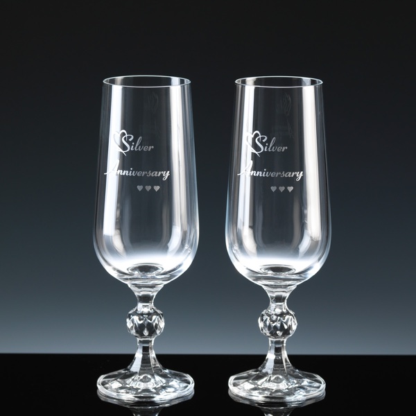 Crystal Gifts 6oz Champagne Flutes Silver Anniversary, Pair, Silver Boxed